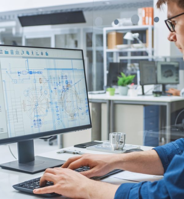 Over the Shoulder Shot of Engineer Working with CAD Software on Desktop Computer, Screen Shows Technical Drafts and Drawings. In the Background Engineering Facility Specialising on Industrial Design